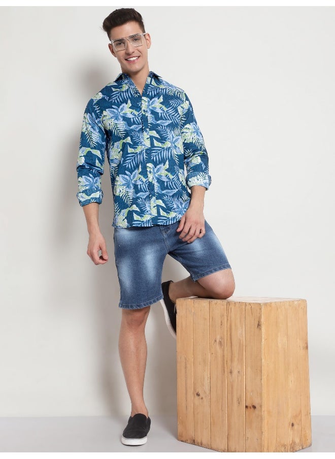 Beyoung - Long Sleeve Blue Floral Printed Shirts for Men - Image 1