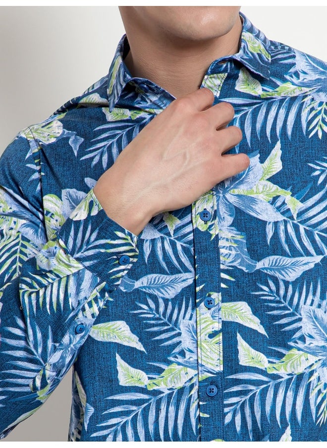 Beyoung - Long Sleeve Blue Floral Printed Shirts for Men - Image 1