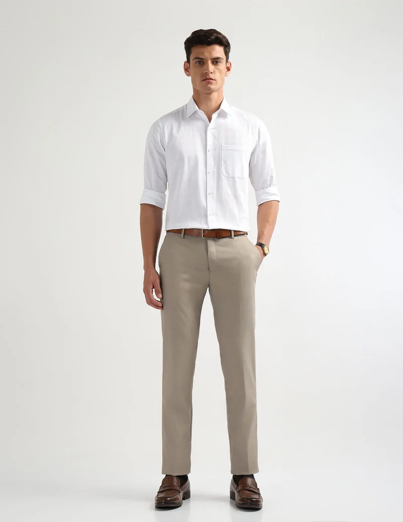 Arrow Beige Textured Mid Rise Trousers for Men | Best Price UAE