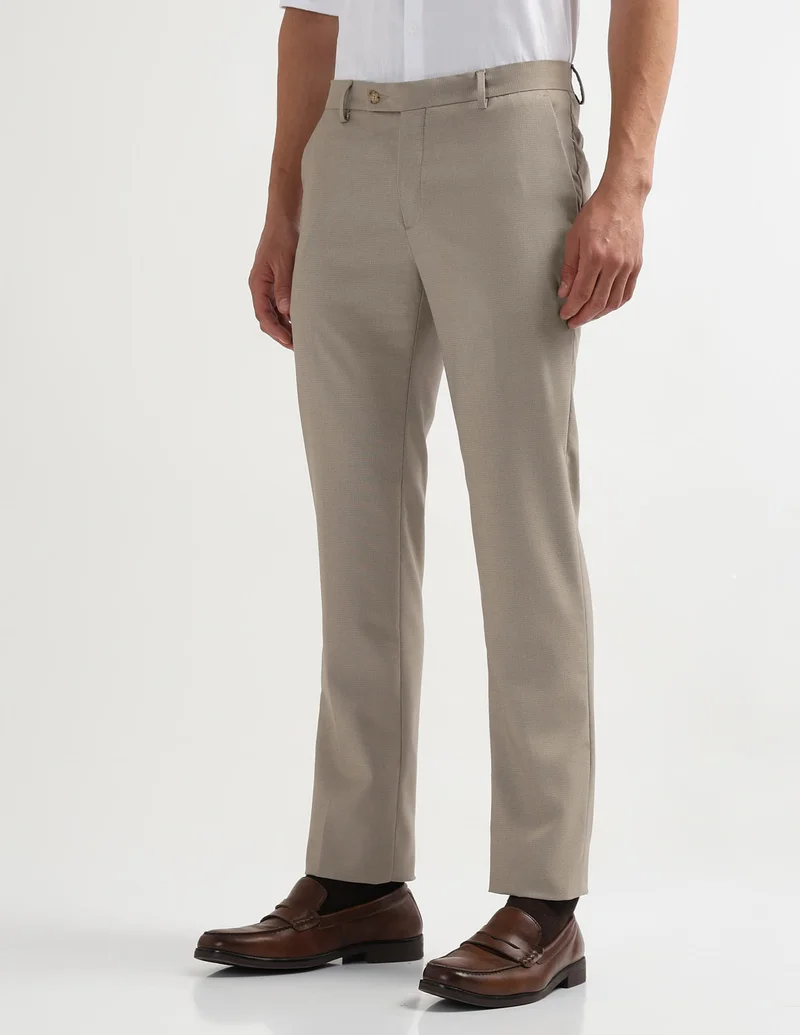 Arrow Beige Textured Mid Rise Trousers for Men | Best Price UAE