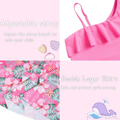 swimsobo بدلة سباحة للبنات من swimsobo قطعة واحدة مع وسادة وتنورة مقاس 11-12 كتف واحد مع كشكش وردي ساخن حمالة قابلة للتعديل - Image 5