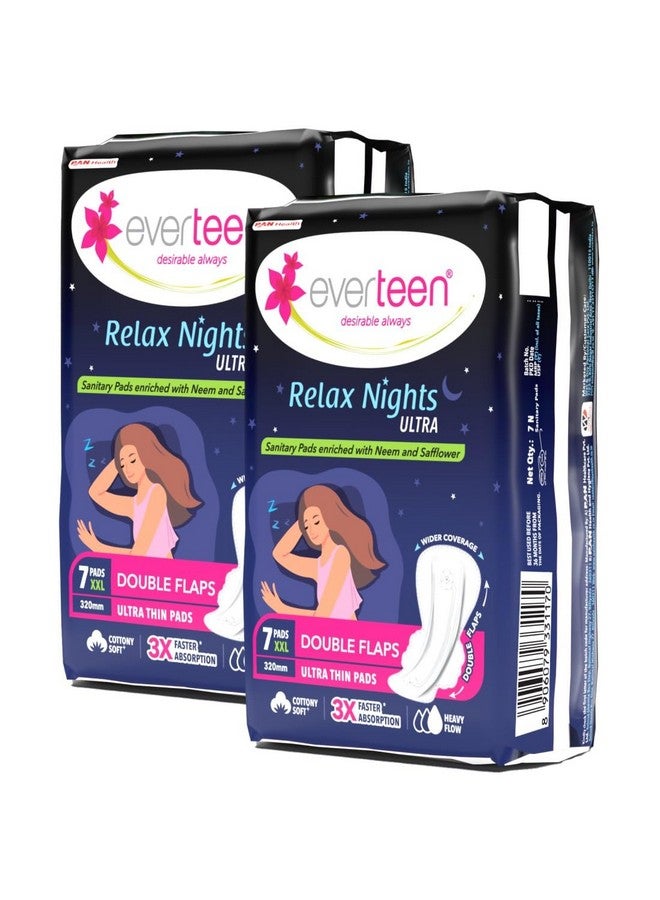 إيفرتين فوط صحية فائقة النحافة من Relax Nights بحجم Xxl مع النيم والقرطم (7 فوط، كل منها 320 مم)، عبوة من قطعتين - Image 1
