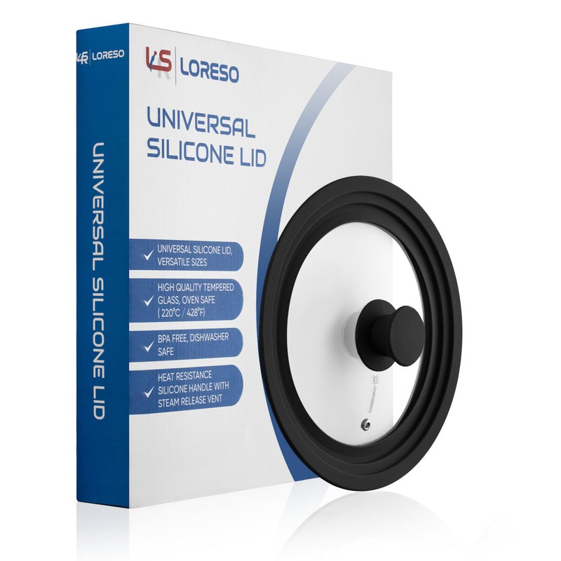 LSR Loreso Universal Pan Lid for Pots Pans and Skillets 7.5-9.5 Inch - Tempered Glass Pot Lid with Auto-Sizing Silicone Rim - Black - Image 5