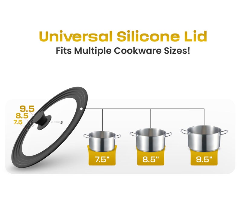 LSR Loreso Universal Pan Lid for Pots Pans and Skillets 7.5-9.5 Inch - Tempered Glass Pot Lid with Auto-Sizing Silicone Rim - Black - Image 2