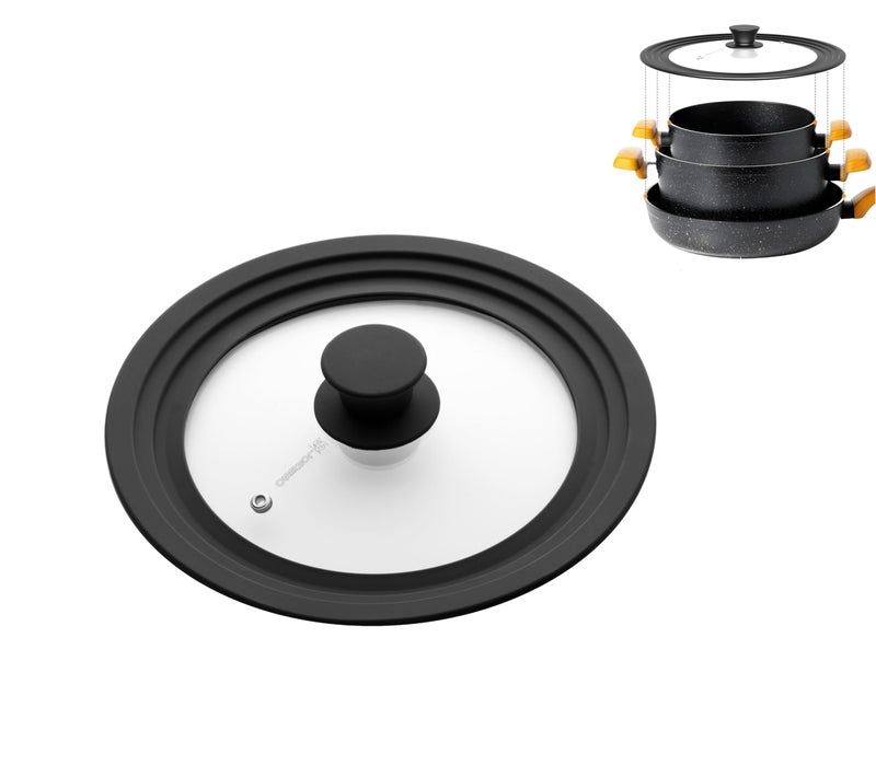 LSR Loreso Universal Pan Lid for Pots Pans and Skillets 7.5-9.5 Inch - Tempered Glass Pot Lid with Auto-Sizing Silicone Rim - Black - Image 1