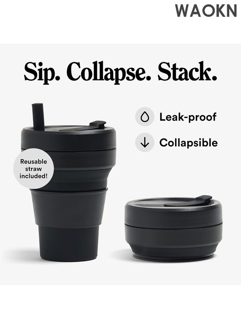 دبليو أيه أو كي أن كوب قهوة قابل للطي - كوب سفر قابل لإعادة الاستخدام سعة 16 أونصة مع غطاء مانع للتسرب وقشة سيليكون - تصميم صغير الحجم مناسب للجيب للمشروبات الساخنة/الباردة - كوب سيليكون صديق للبيئة خالٍ من مادة BPA للقهوة والشاي والعصائر - مثالي للتخييم والتنقل (أسود) - Image 3