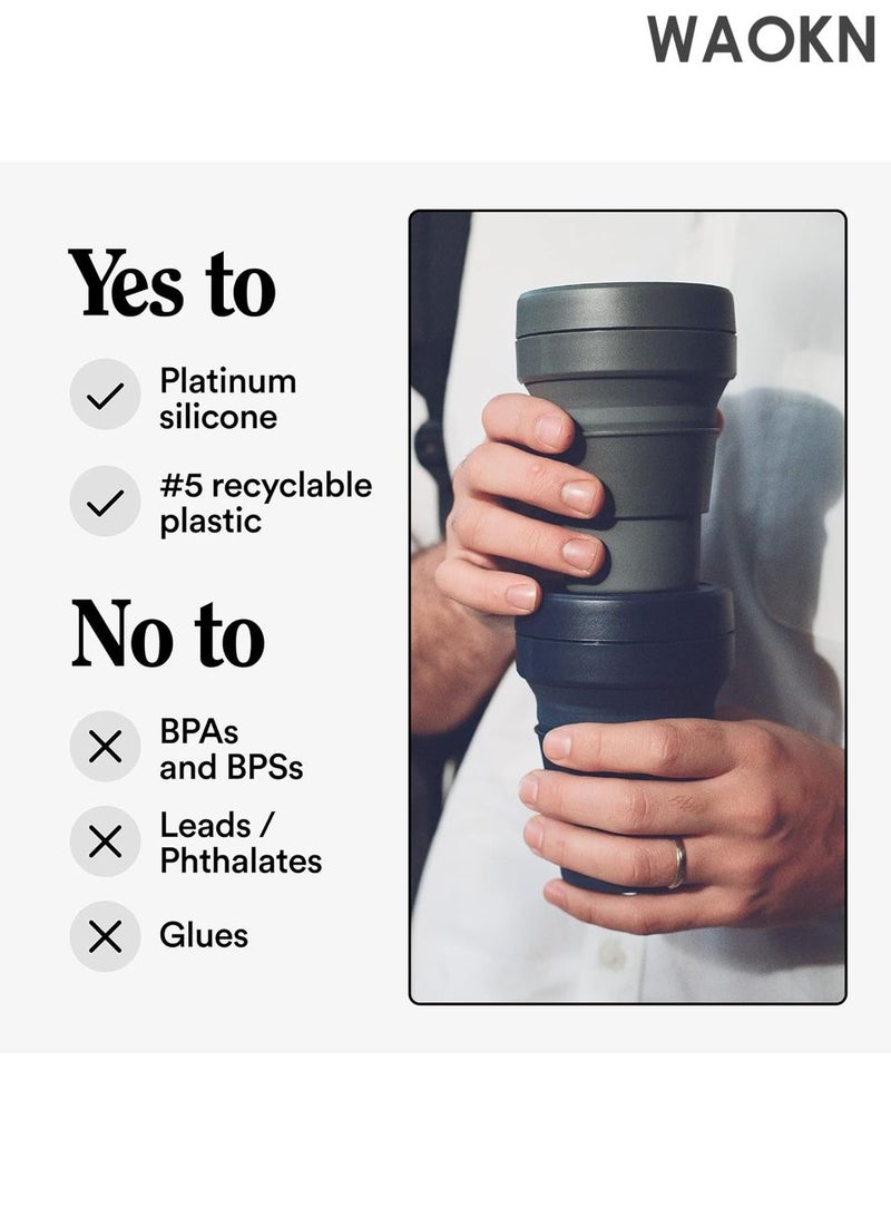 دبليو أيه أو كي أن كوب قهوة قابل للطي - كوب سفر قابل لإعادة الاستخدام سعة 16 أونصة مع غطاء مانع للتسرب وقشة سيليكون - تصميم صغير الحجم مناسب للجيب للمشروبات الساخنة/الباردة - كوب سيليكون صديق للبيئة خالٍ من مادة BPA للقهوة والشاي والعصائر - مثالي للتخييم والتنقل (أسود) - Image 2