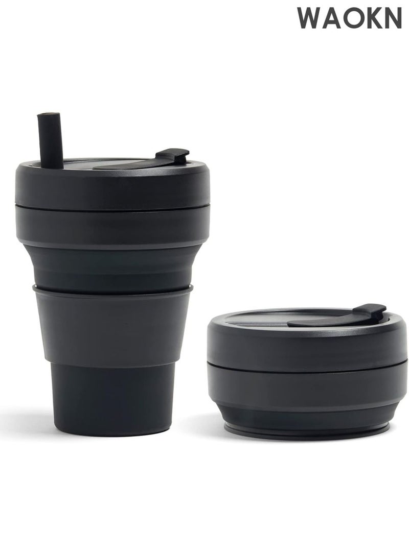 دبليو أيه أو كي أن كوب قهوة قابل للطي - كوب سفر قابل لإعادة الاستخدام سعة 16 أونصة مع غطاء مانع للتسرب وقشة سيليكون - تصميم صغير الحجم مناسب للجيب للمشروبات الساخنة/الباردة - كوب سيليكون صديق للبيئة خالٍ من مادة BPA للقهوة والشاي والعصائر - مثالي للتخييم والتنقل (أسود) - Image 1