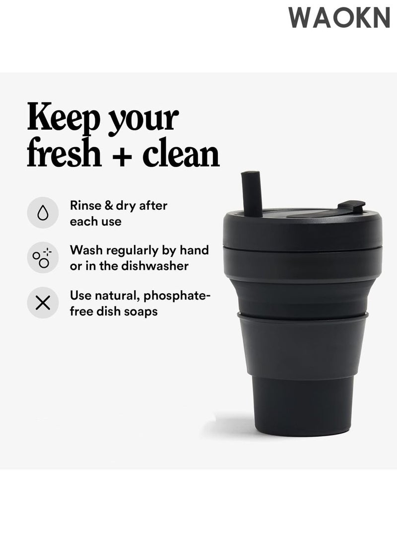 دبليو أيه أو كي أن كوب قهوة قابل للطي - كوب سفر قابل لإعادة الاستخدام سعة 16 أونصة مع غطاء مانع للتسرب وقشة سيليكون - تصميم صغير الحجم مناسب للجيب للمشروبات الساخنة/الباردة - كوب سيليكون صديق للبيئة خالٍ من مادة BPA للقهوة والشاي والعصائر - مثالي للتخييم والتنقل (أسود) - Image 4