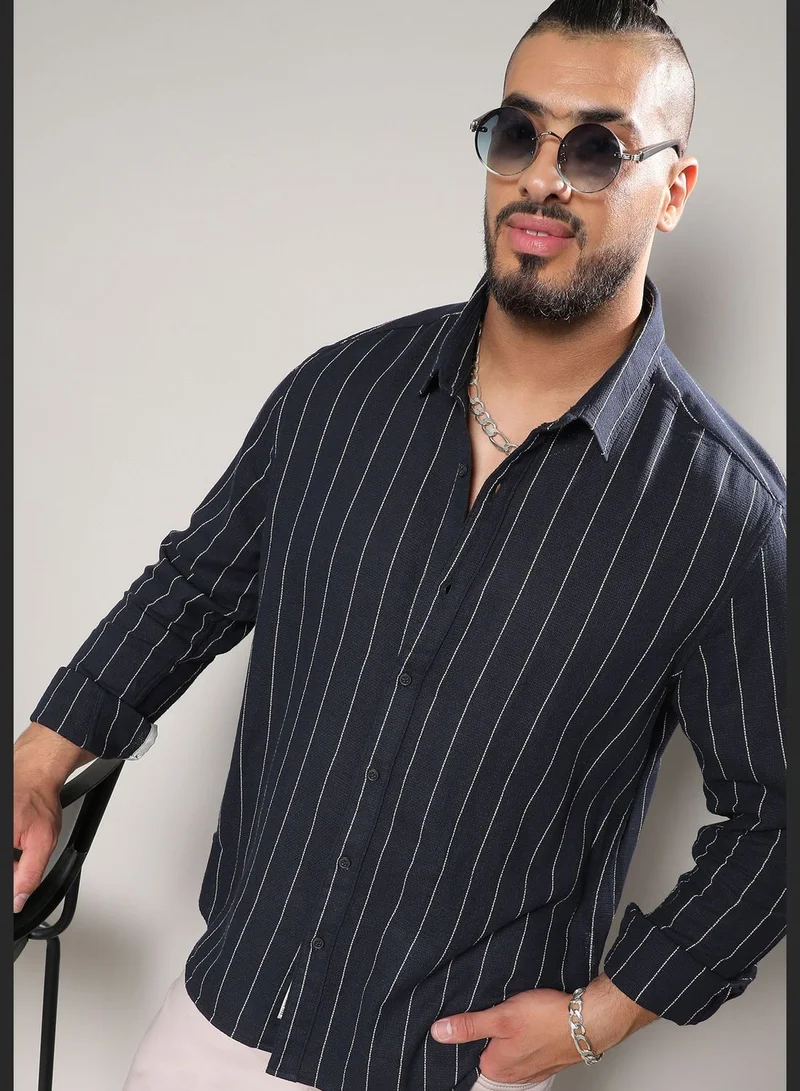 Instafab Plus Striped Spread Collar Long Sleeve Shirt
