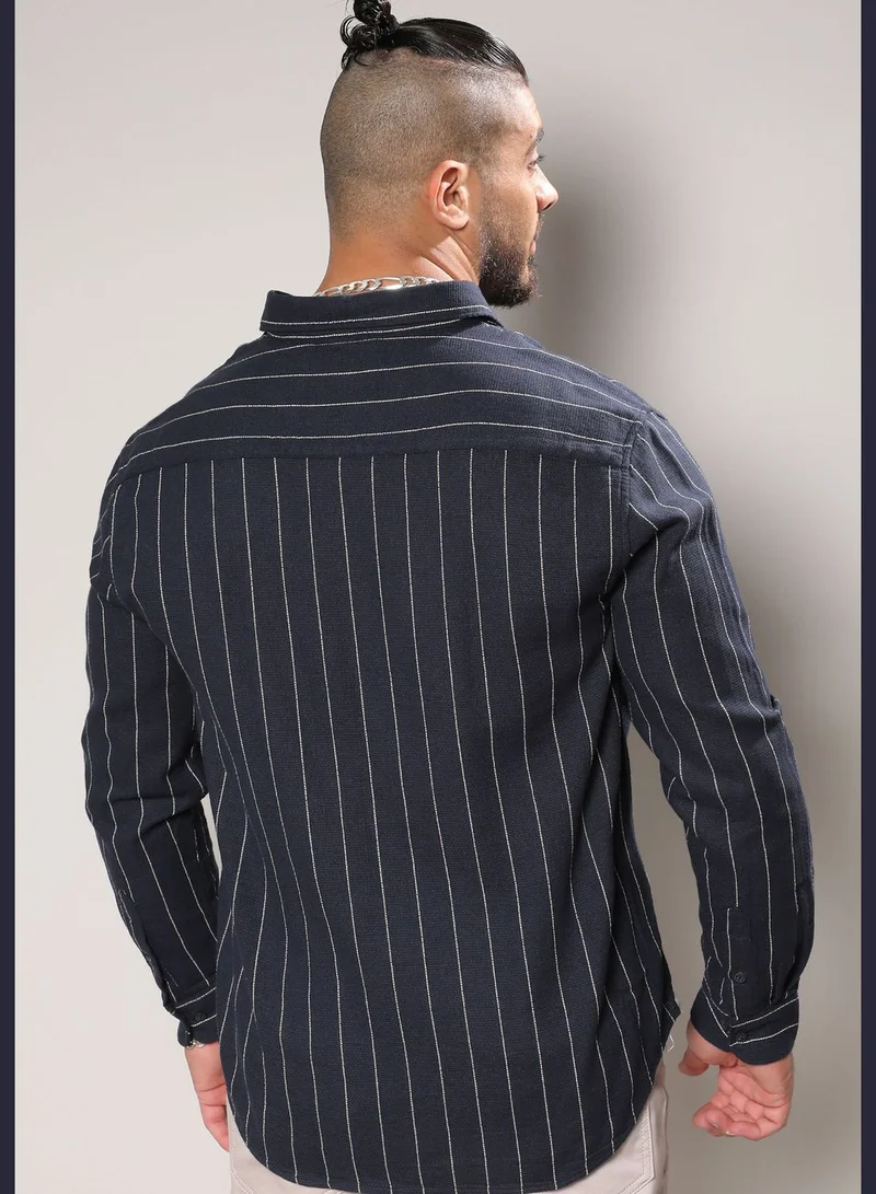 Instafab Plus Striped Spread Collar Long Sleeve Shirt
