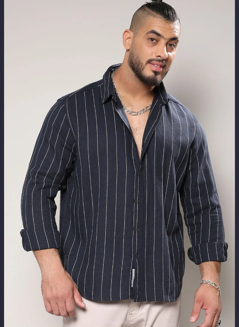Instafab Plus Striped Spread Collar Long Sleeve Shirt