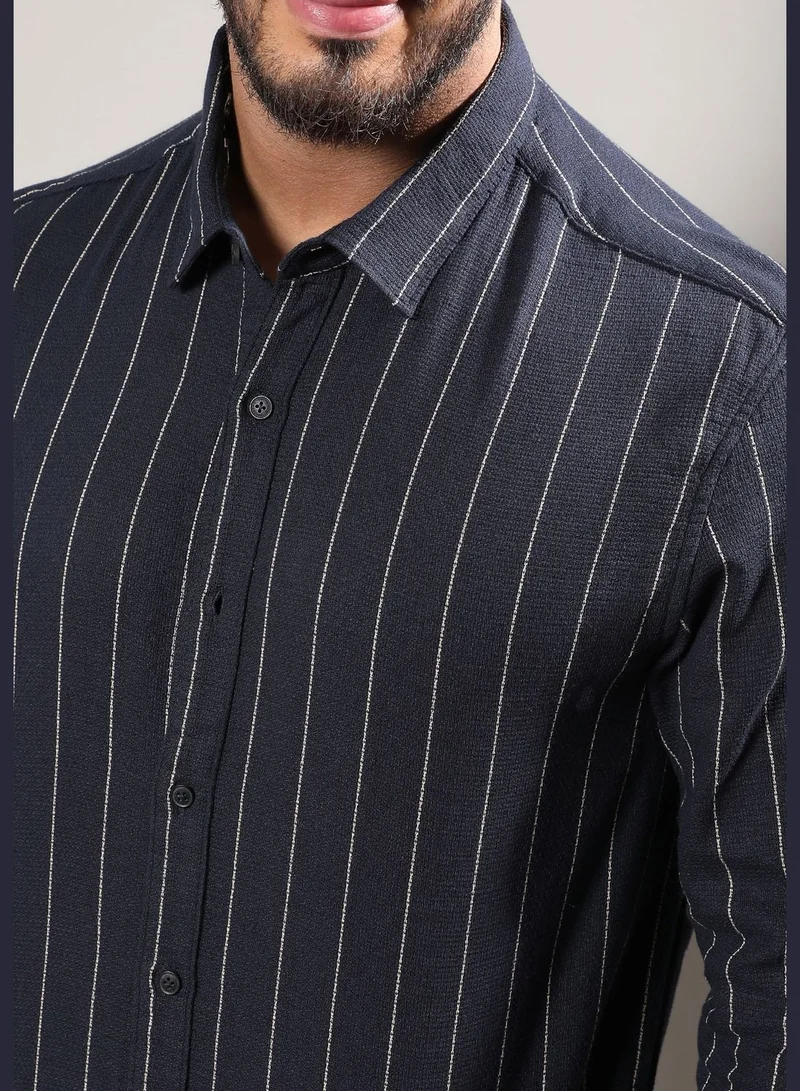 Instafab Plus Striped Spread Collar Long Sleeve Shirt