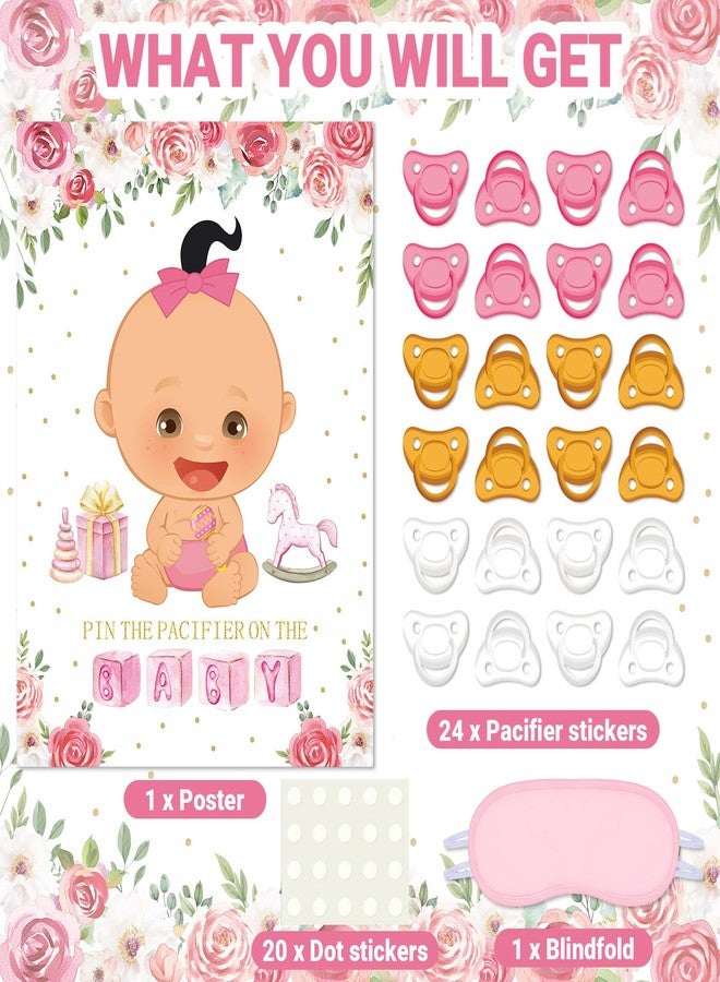 Faccito Pin The Pacifier on The Baby Game Baby Shower Games Set with Baby Pacifier Games Poster 24 Pacifier Stickers Pink Blindfold Floral Baby Shower Decorations for Girls Birthday Party Supplies - Image 3