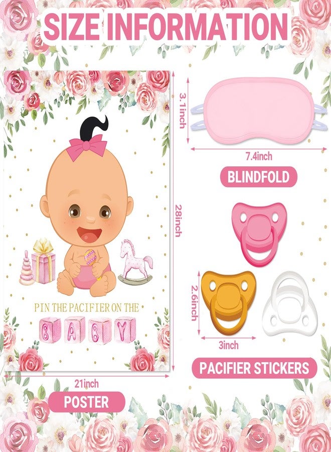 Faccito Pin The Pacifier on The Baby Game Baby Shower Games Set with Baby Pacifier Games Poster 24 Pacifier Stickers Pink Blindfold Floral Baby Shower Decorations for Girls Birthday Party Supplies - Image 2