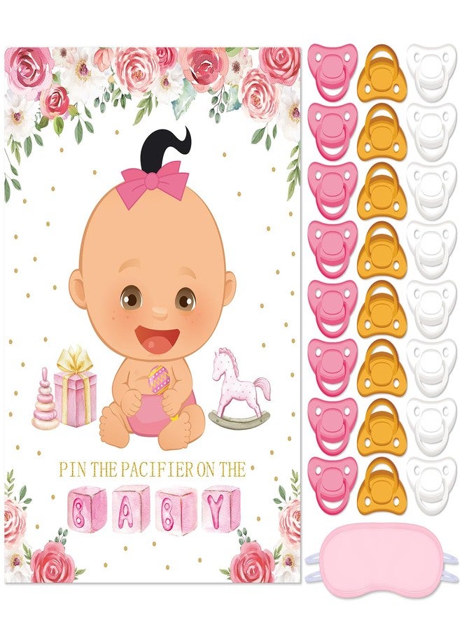 Faccito Pin The Pacifier on The Baby Game Baby Shower Games Set with Baby Pacifier Games Poster 24 Pacifier Stickers Pink Blindfold Floral Baby Shower Decorations for Girls Birthday Party Supplies - Image 1