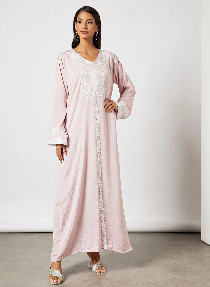 Hayat Jalabiya With Bright  Abstract Embroidery In Front And Wrist With Belt