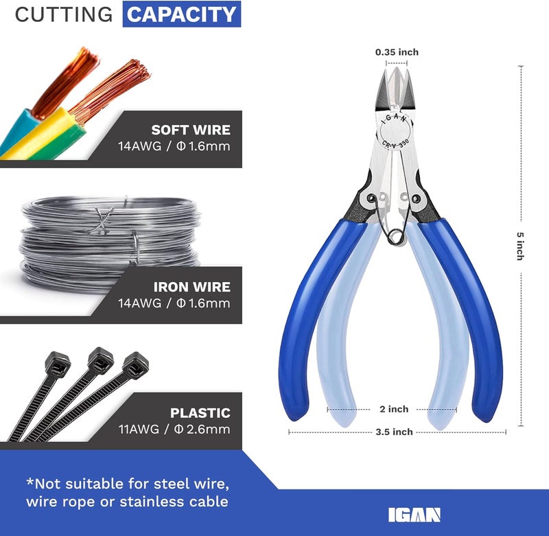 IGAN -330 Wire Flush Cutters (Pack of 5), Precision Electronic Model Sprue Wire Clippers Cutter, Blue - Image 2