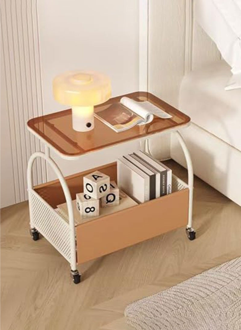 XiuWoo Movable Stylish Tempered Glass Side Table with Wheels Living Room Side Table 2 Layers Movable Living Room Sofa Storage Tempered Glass Side Table Simple Side Room Coffee Table with Wheels - Image 1