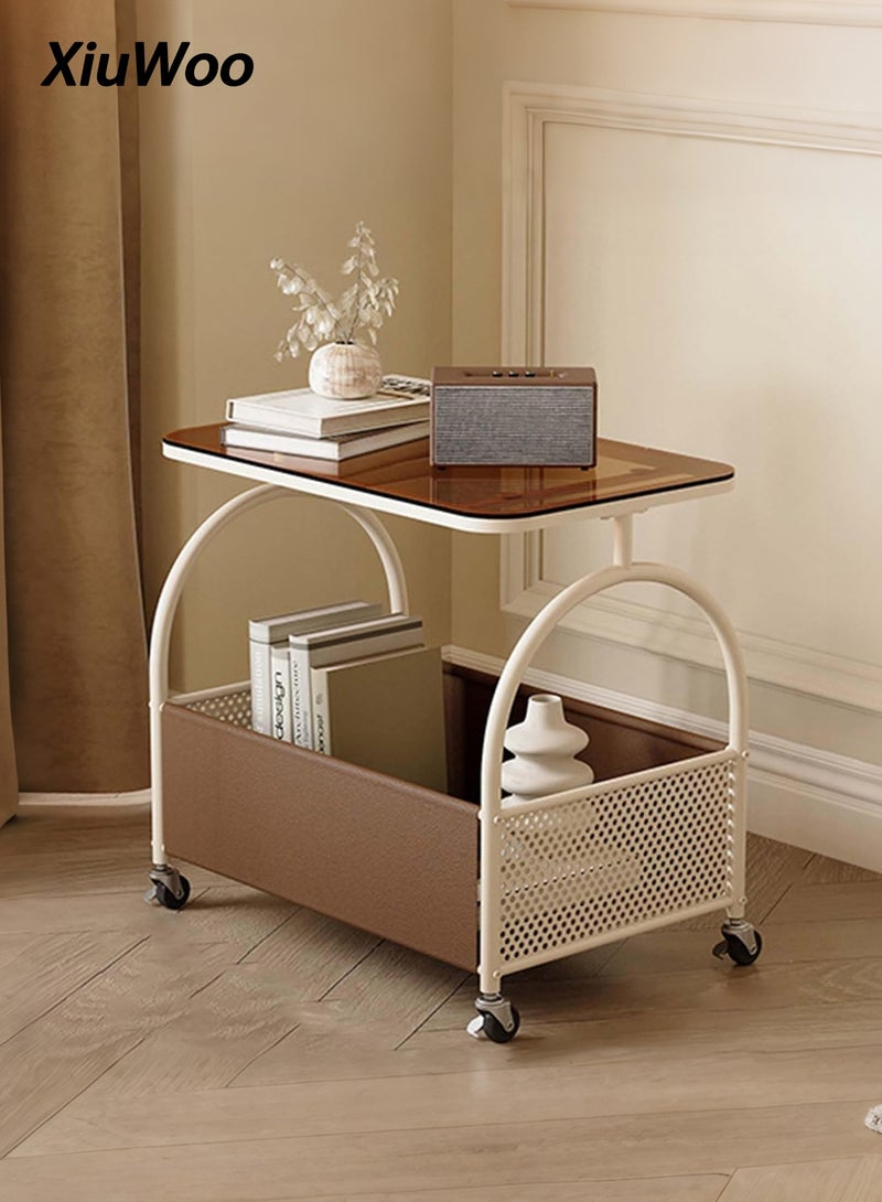 XiuWoo Movable Stylish Tempered Glass Side Table with Wheels Living Room Side Table 2 Layers Movable Living Room Sofa Storage Tempered Glass Side Table Simple Side Room Coffee Table with Wheels - Image 2