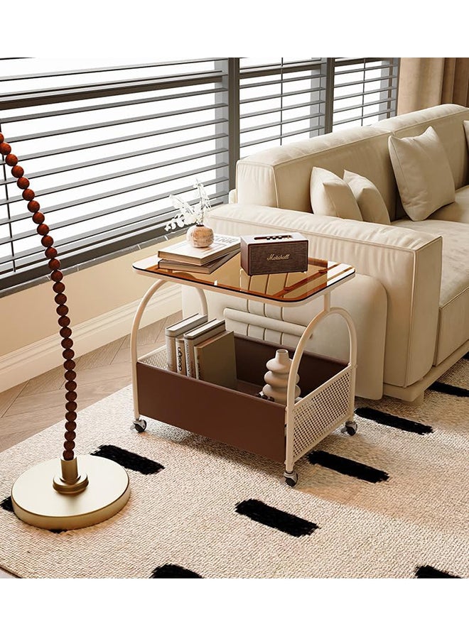 XiuWoo Movable Stylish Tempered Glass Side Table with Wheels Living Room Side Table 2 Layers Movable Living Room Sofa Storage Tempered Glass Side Table Simple Side Room Coffee Table with Wheels - Image 5