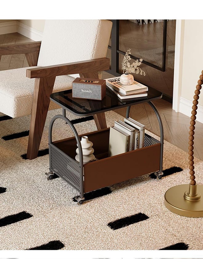 XiuWoo Movable Stylish Tempered Glass Side Table with Wheels Living Room Side Table 2 Layers Movable Living Room Sofa Storage Tempered Glass Side Table Simple Side Room Coffee Table with Wheels - Image 4