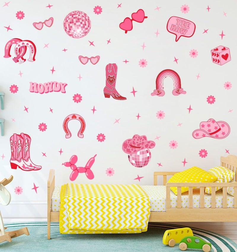 YIMEHDAN Pink Cowgirl Wall Decal, Boots Horseshoe Iron Hat Disco Ball Vinyl Wall Stickers, Removable Preppy Western Girls Artwork for Teen Bedroom Dormitory Decor - Image 1