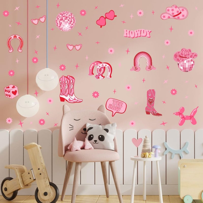 YIMEHDAN Pink Cowgirl Wall Decal, Boots Horseshoe Iron Hat Disco Ball Vinyl Wall Stickers, Removable Preppy Western Girls Artwork for Teen Bedroom Dormitory Decor - Image 5