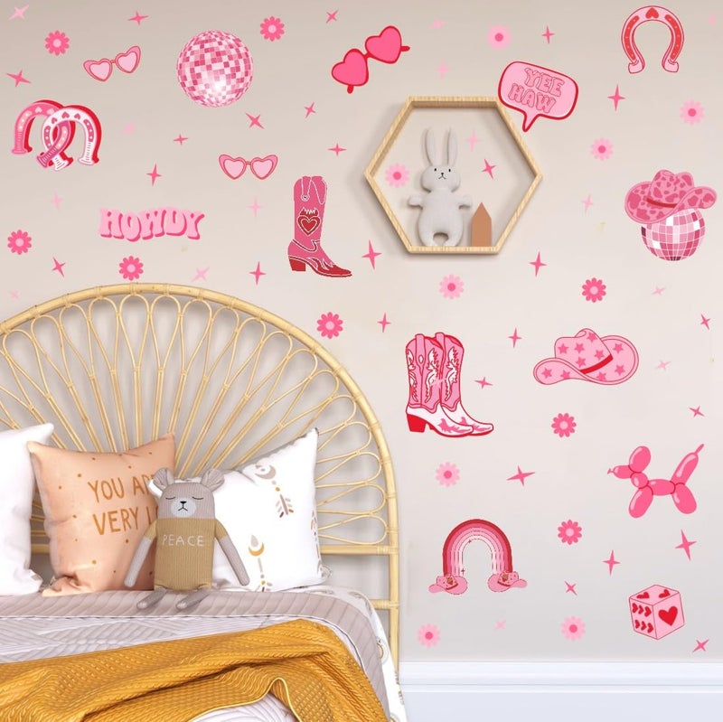 YIMEHDAN Pink Cowgirl Wall Decal, Boots Horseshoe Iron Hat Disco Ball Vinyl Wall Stickers, Removable Preppy Western Girls Artwork for Teen Bedroom Dormitory Decor - Image 4