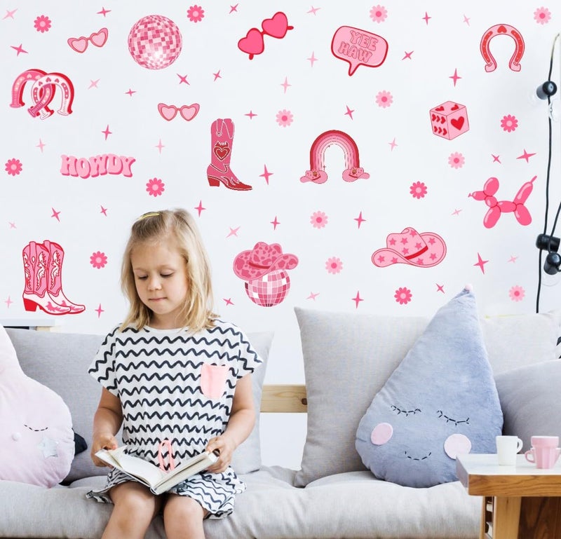 YIMEHDAN Pink Cowgirl Wall Decal, Boots Horseshoe Iron Hat Disco Ball Vinyl Wall Stickers, Removable Preppy Western Girls Artwork for Teen Bedroom Dormitory Decor - Image 3