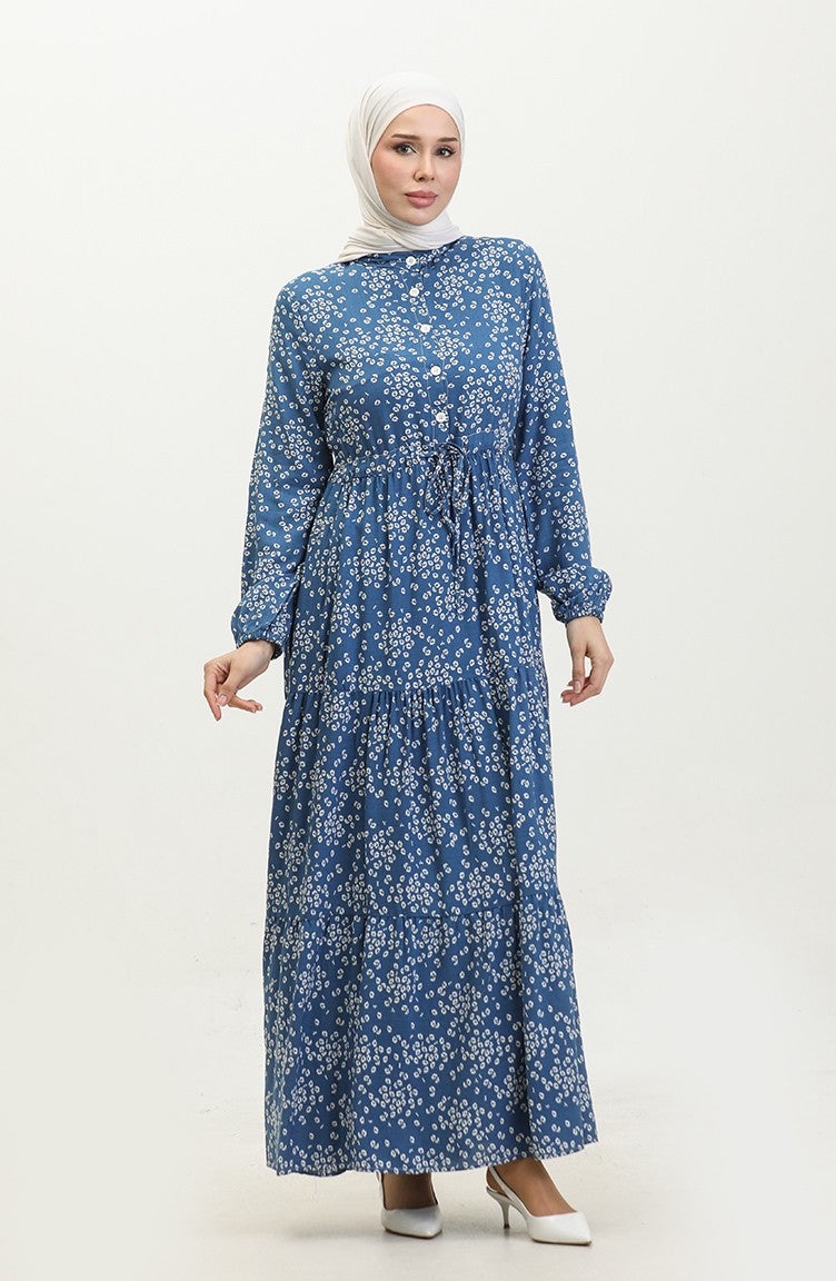 Sefa Merve Gülsüm Half Buttoned Floral Viscose Dress 0358-01 Indigo  - Image 2