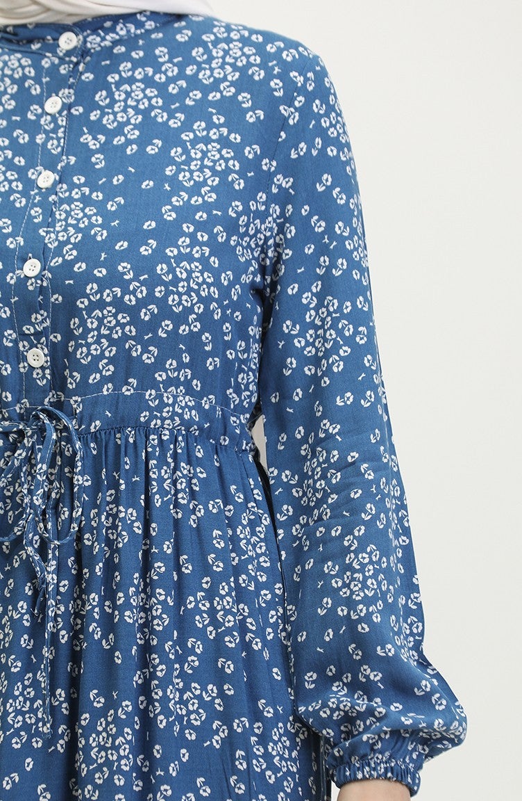 Sefa Merve Gülsüm Half Buttoned Floral Viscose Dress 0358-01 Indigo  - Image 4