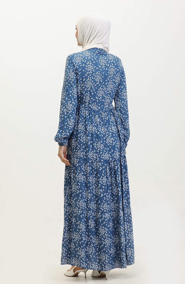 Sefa Merve Gülsüm Half Buttoned Floral Viscose Dress 0358-01 Indigo  - Image 5