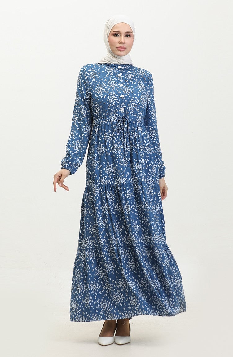 Sefa Merve Gülsüm Half Buttoned Floral Viscose Dress 0358-01 Indigo  - Image 1