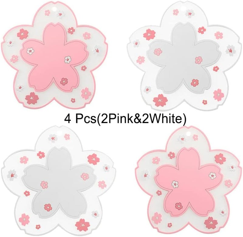 Binoster Sakura Coasters Set of 4 Kawaii Cup Mat Anti-Skid Pot Bowl Pad Placemats PVC Cherry Blossom Coaster for Drinks Coffee Table Cute Room Home Kitchen Decor Kawaii Desk Accessories(4.3in) - Image 1