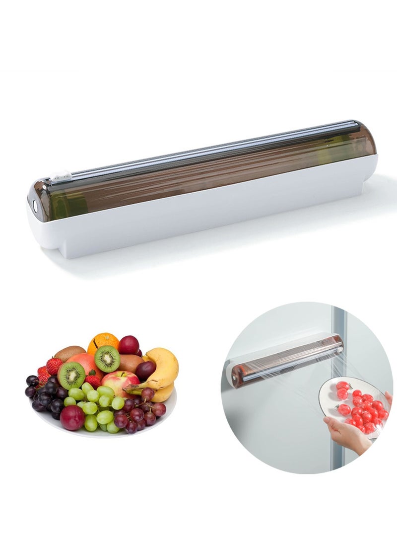 Magnetic Wall Mount Food Wrap Dispenser with Slide Cutter, Refillable Plastic Cling Film Holder, Kitchen Roll Storage Box, Reusable Cling Wrap Divider  - Image 1
