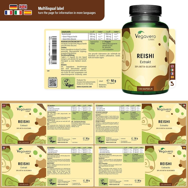 Vegavero Reishi Mushroom Extract 13000 mg 101 Ganoderma Lucidum 120 Capsules 40 Polysaccharides 20 Beta Glucans NO Additives Vegan - Image 2