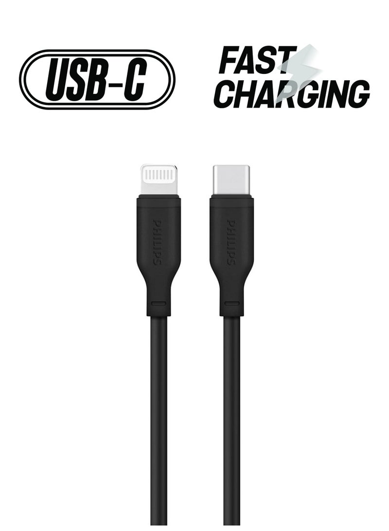 Philips USB C To Lightning Charging Cable Silicone Fast Charge Type C Cable For iPhone 15/15 Pro/15 Pro Max/iPhone Series Black - Image 1