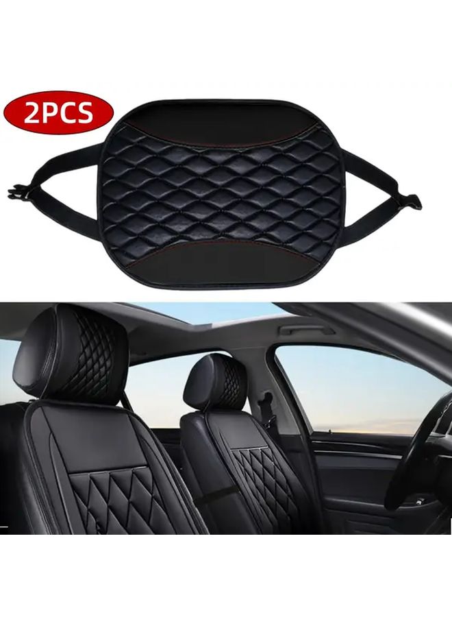 Black PU Leather Diamond Quilted Car Seat Covers 2PCS With Headrest Pillows Universal Fit Red Stitching - Image 4