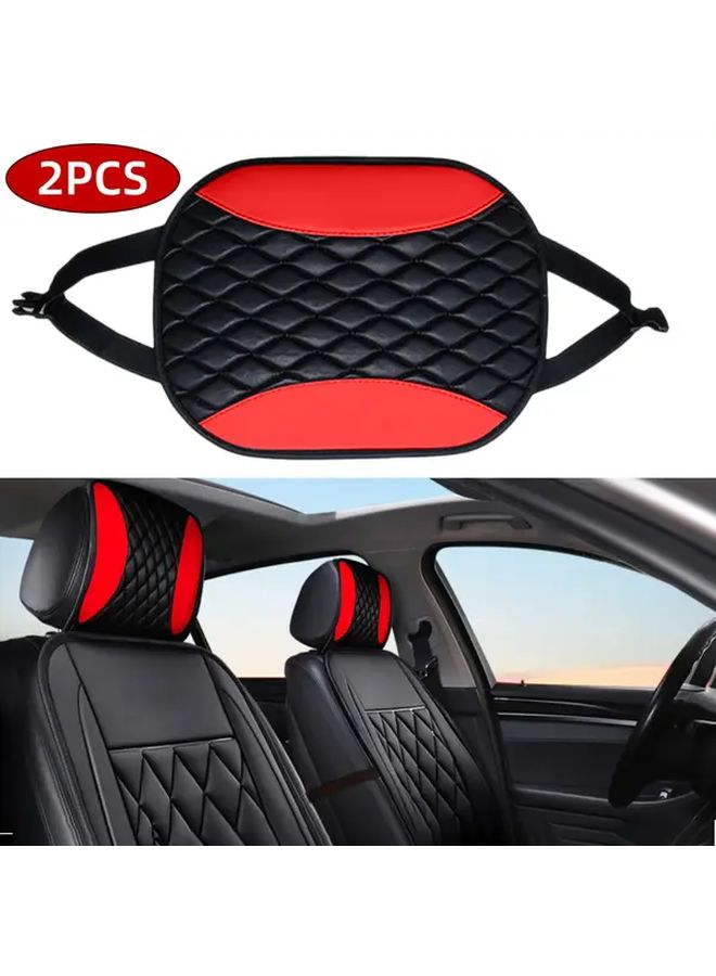 Black PU Leather Diamond Quilted Car Seat Covers 2PCS With Headrest Pillows Universal Fit Red Stitching - Image 1