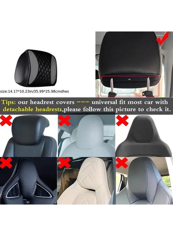Black PU Leather Diamond Quilted Car Seat Covers 2PCS With Headrest Pillows Universal Fit Red Stitching - Image 3