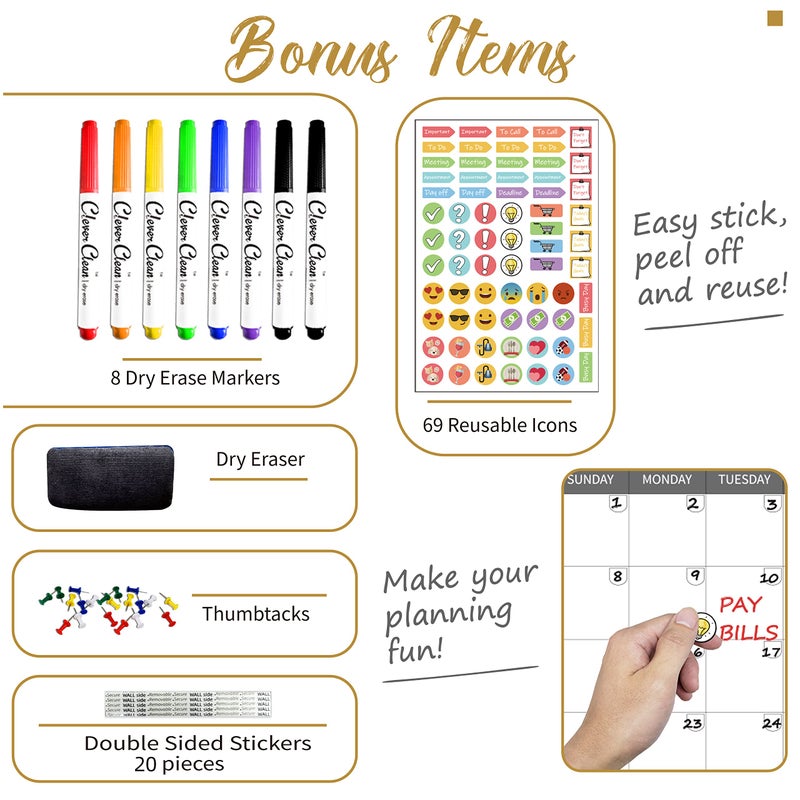 CLEVER CLEAN Large Dry Erase Wall Calendar - 36"x72" Undated 3-Month Calendar for Home, School, Office Projects - Jumbo Reusable Task Organizer - Image 3