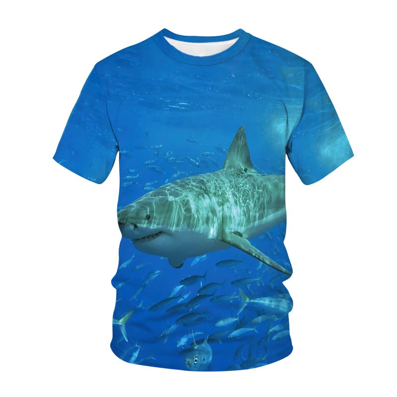 2022 summer cross-border new animal series Shark 3D digital printing men's loose short sleeve t-shirt - Image 1