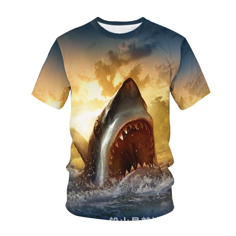 2022 summer cross-border new animal series Shark 3D digital printing men's loose short sleeve t-shirt - Image 4