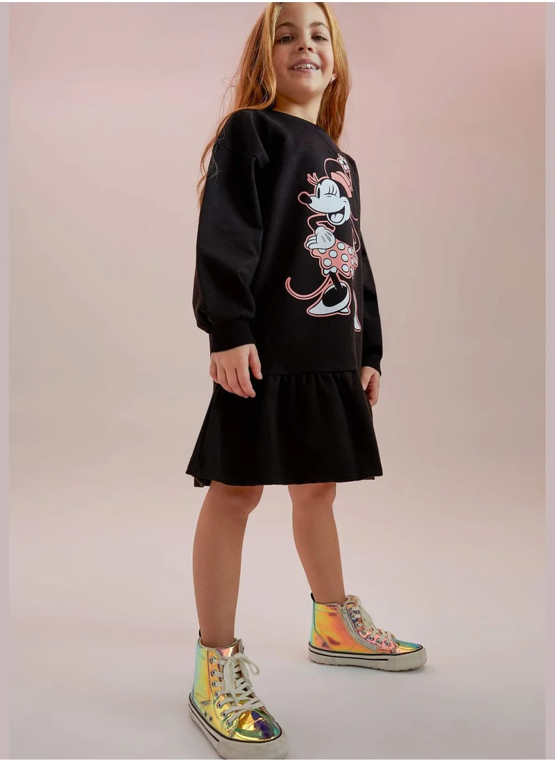 DeFacto Minnie Mouse Licenced Long Sleeve Flywheel Detailed Mini Dress