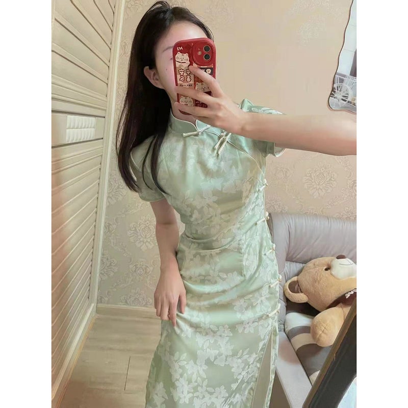 Cheongsam Improved Retro 2022 Summer Green Cheongsam Republic of China Style Big Miss Short-sleeved Long Elegant Dress Green 