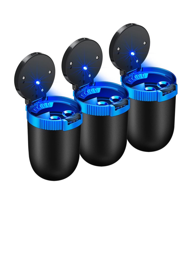 KASTWAVE Car Ashtray with Lid, 3 Pcs Smell Proof Windproof Portable Ashtray with LED Blue Light, Detachable Stainless Steel Car Ash Tray, Mini Car Trash Can for Travel Cup Holder Outdoor, Black  - Image 1
