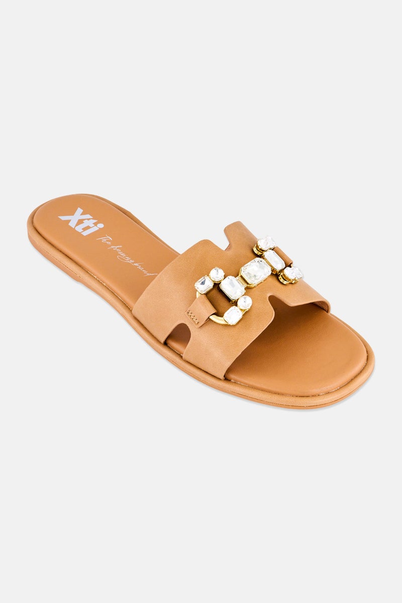 Xti Women Brand logo Slip On Flats, Tan - Image 1