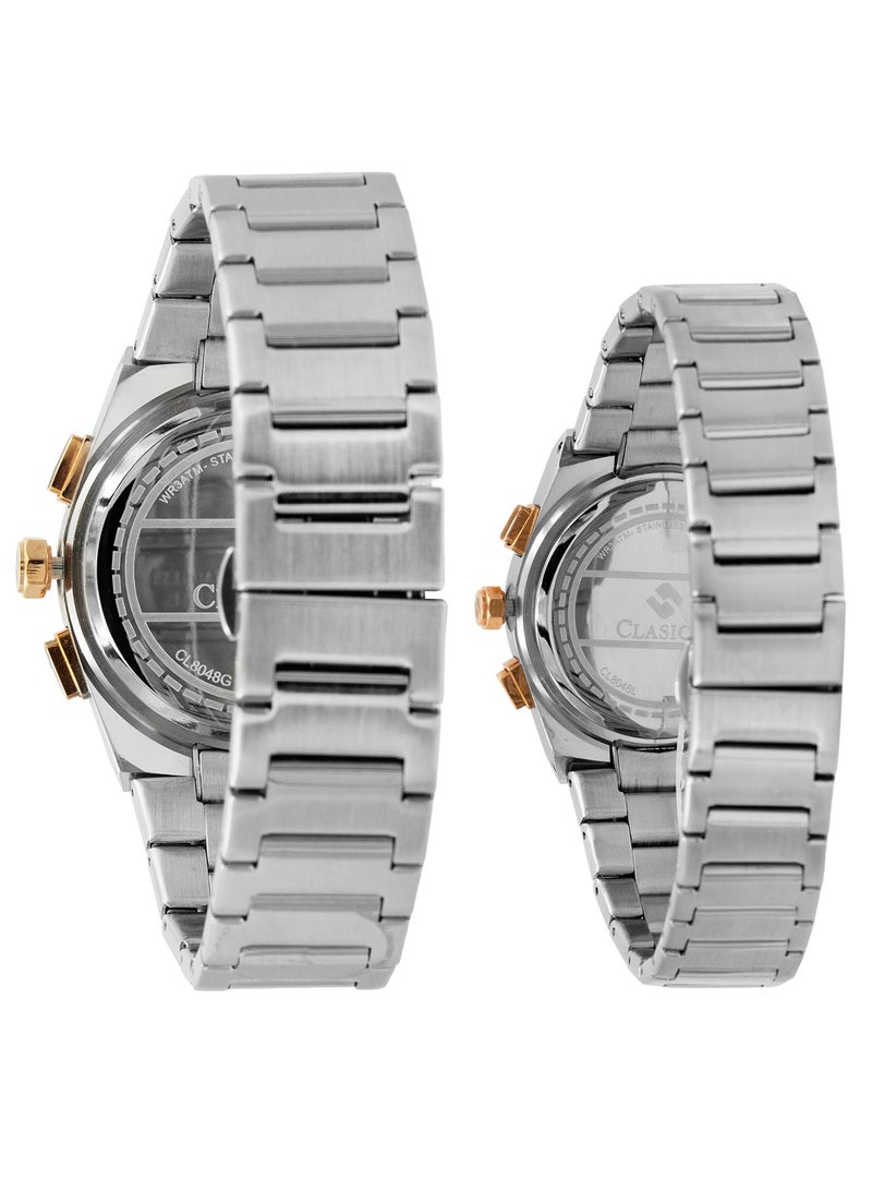 Clasico Eclipse Couple Edition – Silver Radiance with Gold Detailing – 6-Hands Chronograph Watch with Steel Strap – Waterproof Design – Watch Gift Set 40mm & 32mm  - Image 2