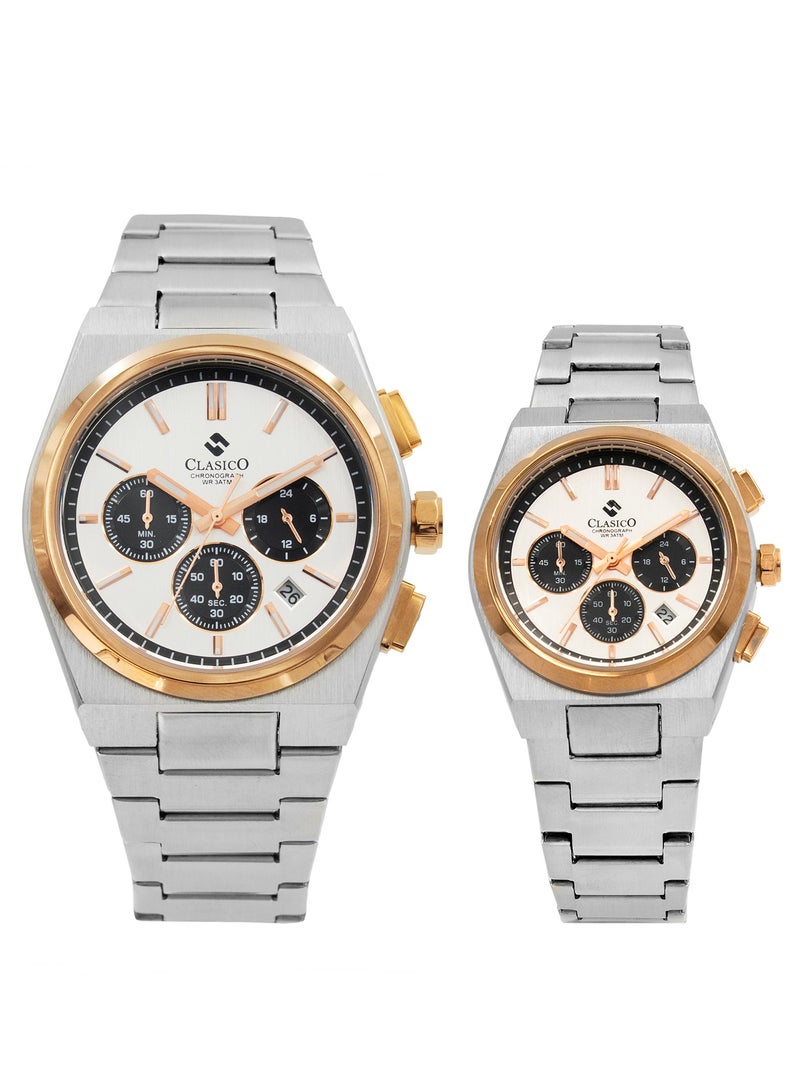 Clasico Eclipse Couple Edition – Silver Radiance with Gold Detailing – 6-Hands Chronograph Watch with Steel Strap – Waterproof Design – Watch Gift Set 40mm & 32mm  - Image 1